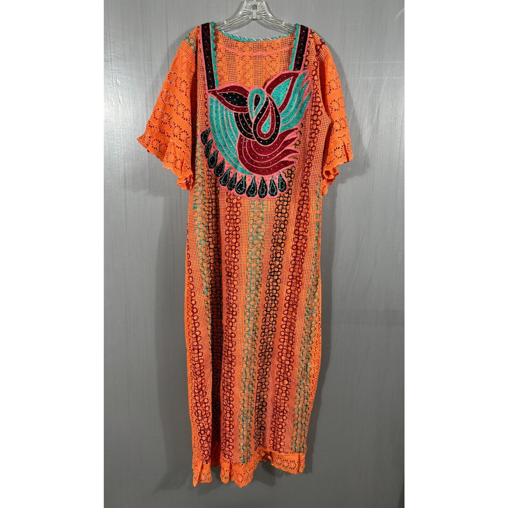 Bohemian Dress Womens Large Orange Embroidered‎ Short Sleeve Sheer Boho Festival